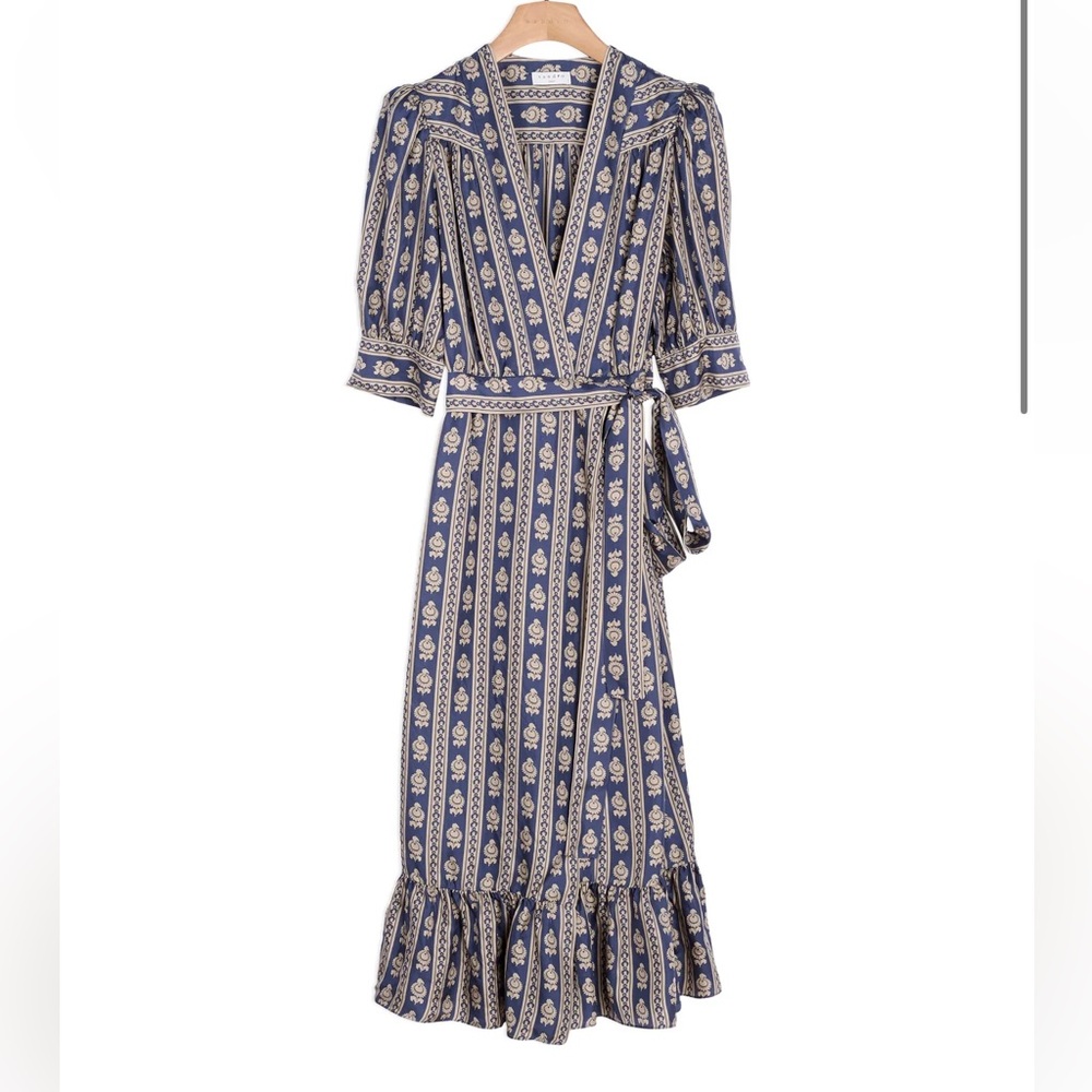 Sandro Paris Navy Beige Floral Stripe Midi Wrap Dress